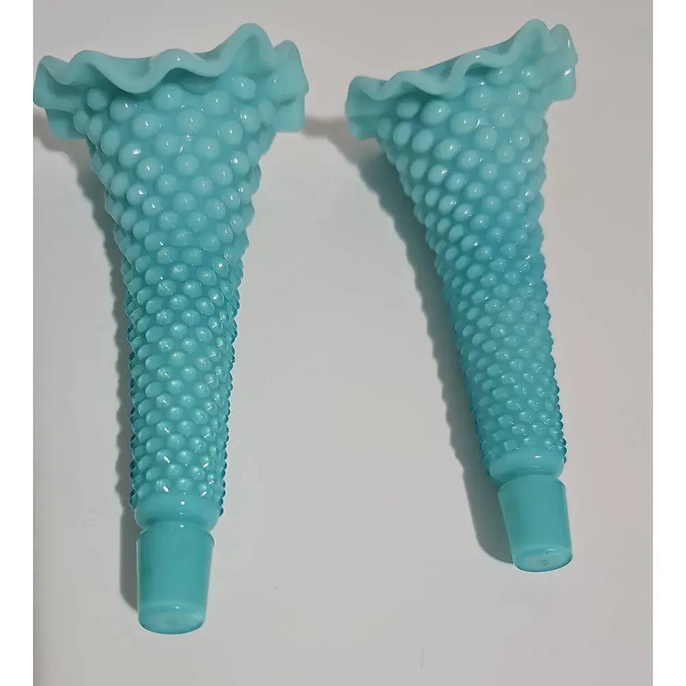Fenton Aqua Milk Glass Three Horn Hobnail Epergne Vase/Bowl Mint Condition